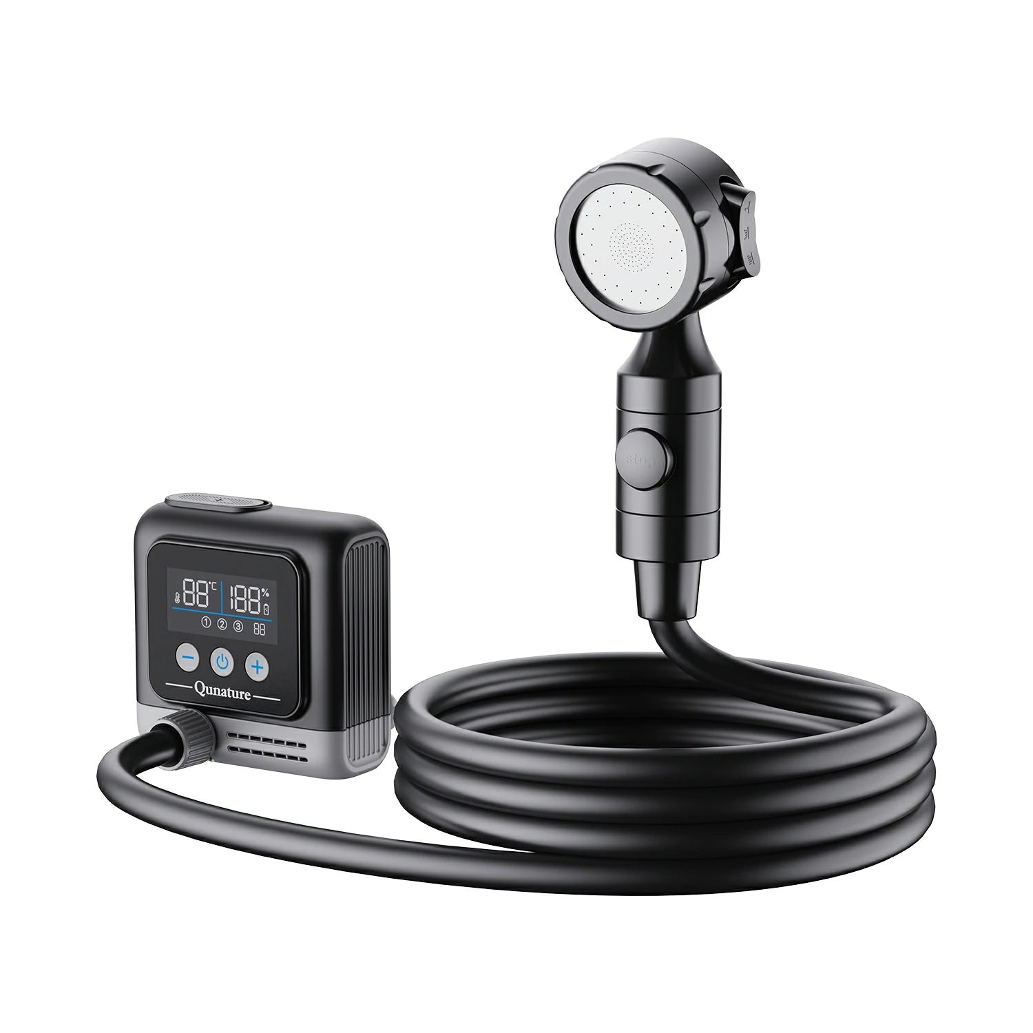 Digital shower head with adjustable settings on a white background