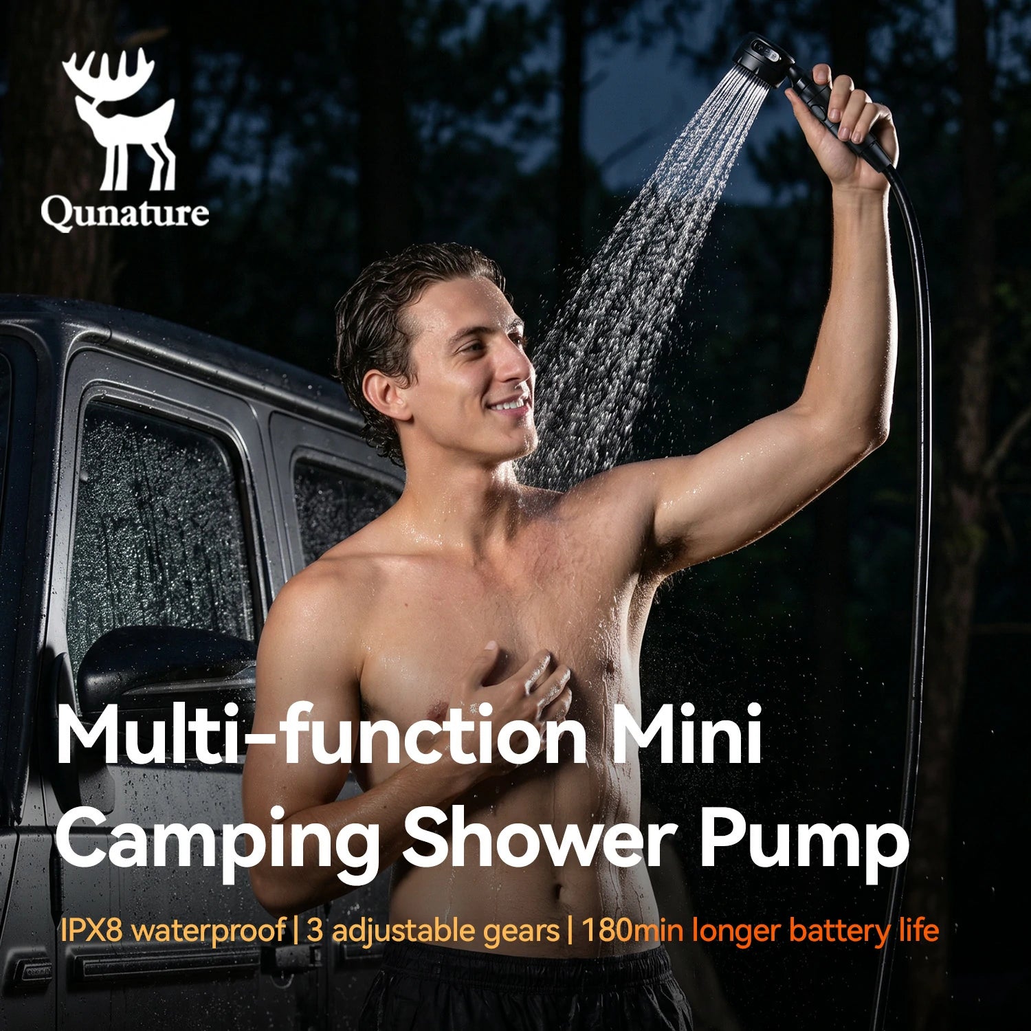 A shirtless man outdoors at night uses a handheld shower head to shower under running water next to a dark vehicle. The image includes the Qunature logo and text reading 'Multi-function Mini Camping Shower Pump' with feature callouts below.