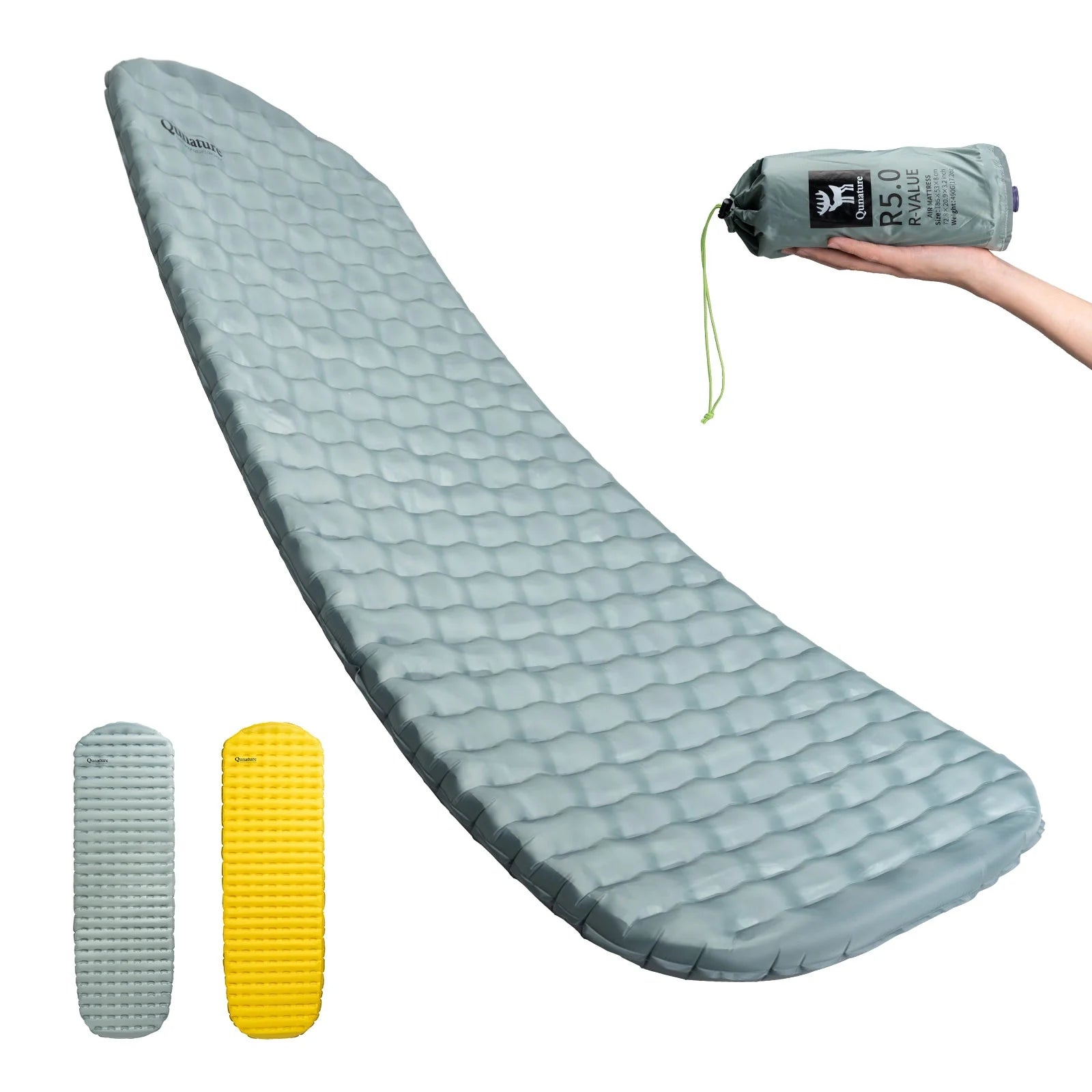 Inflatable camping mattress with pump on a white background