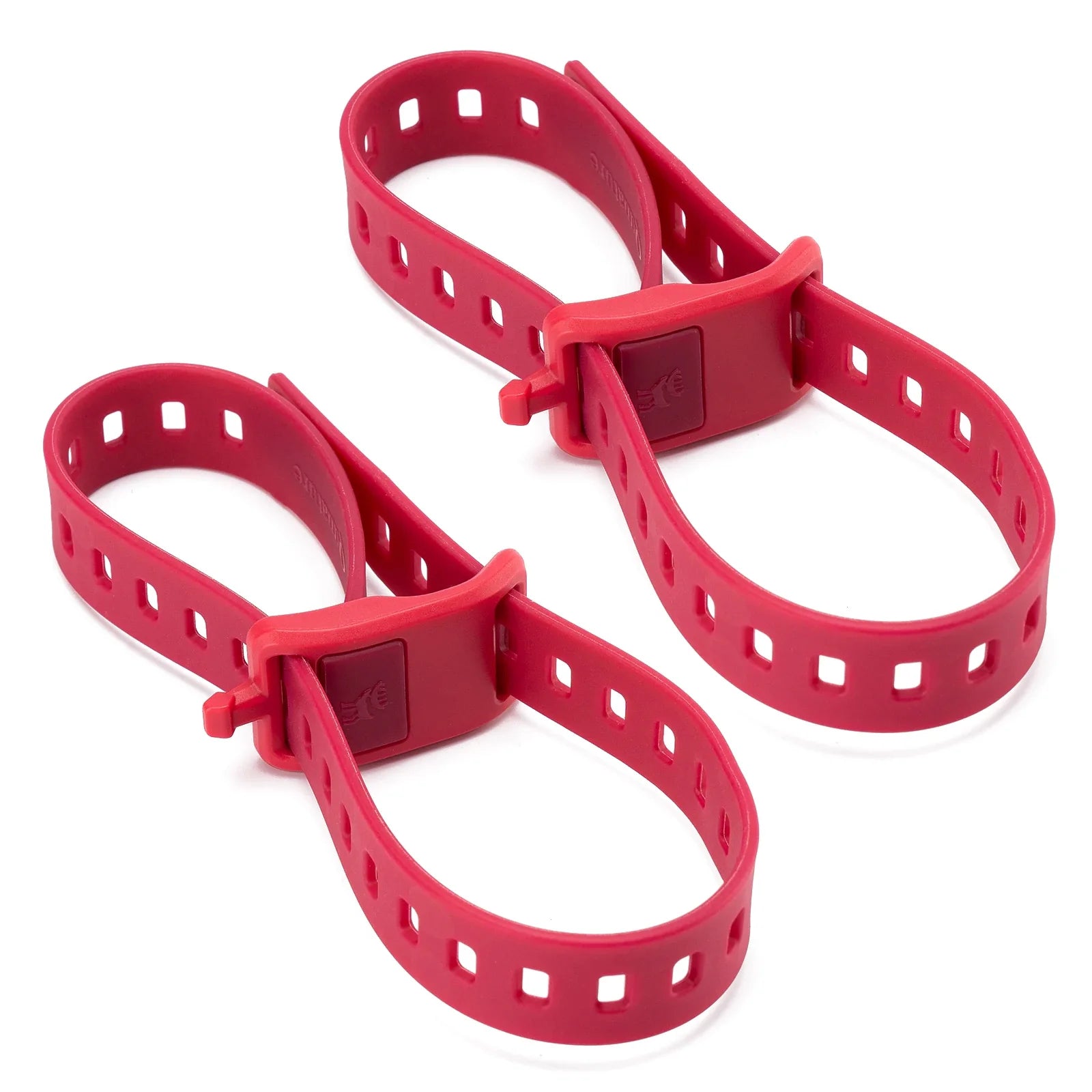 Two red plastic straps with a buckle on a white background #color_Berry Red