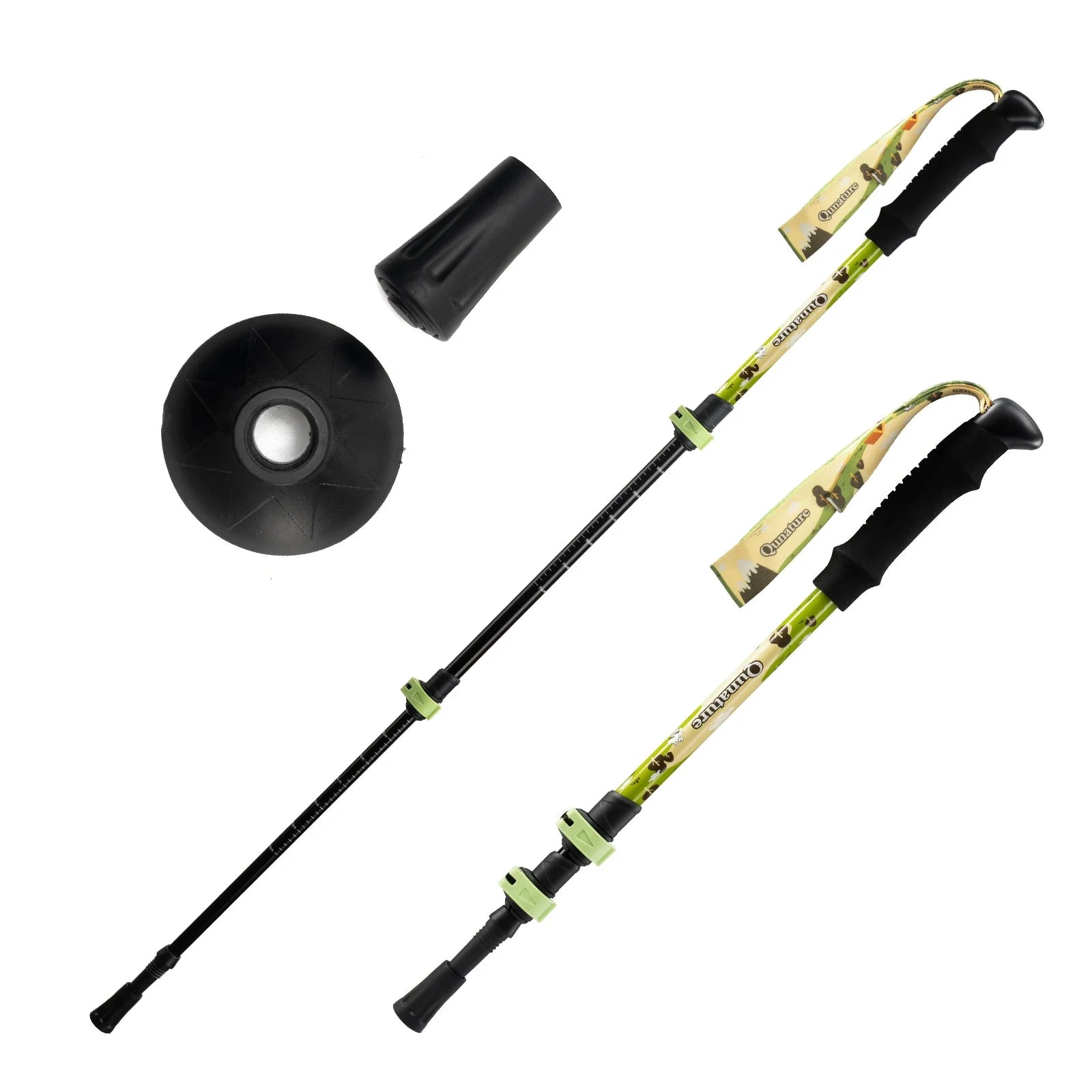 Two hiking poles with camouflage grips and black ferrules on a white background #color_Yellow