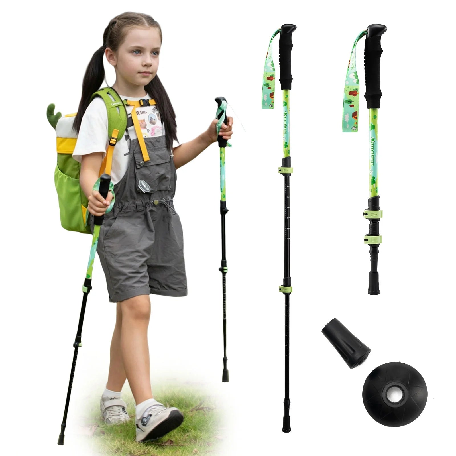 Child with hiking gear including a backpack, poles, and accessories on a white background #color_Green