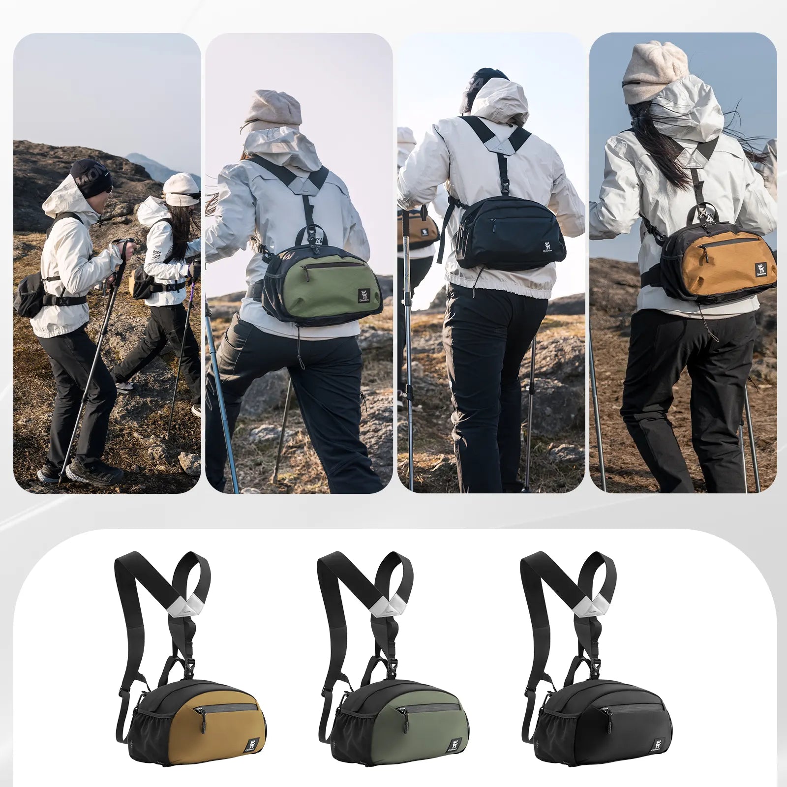 Collage of people wearing different backpacks in various outdoor settings.