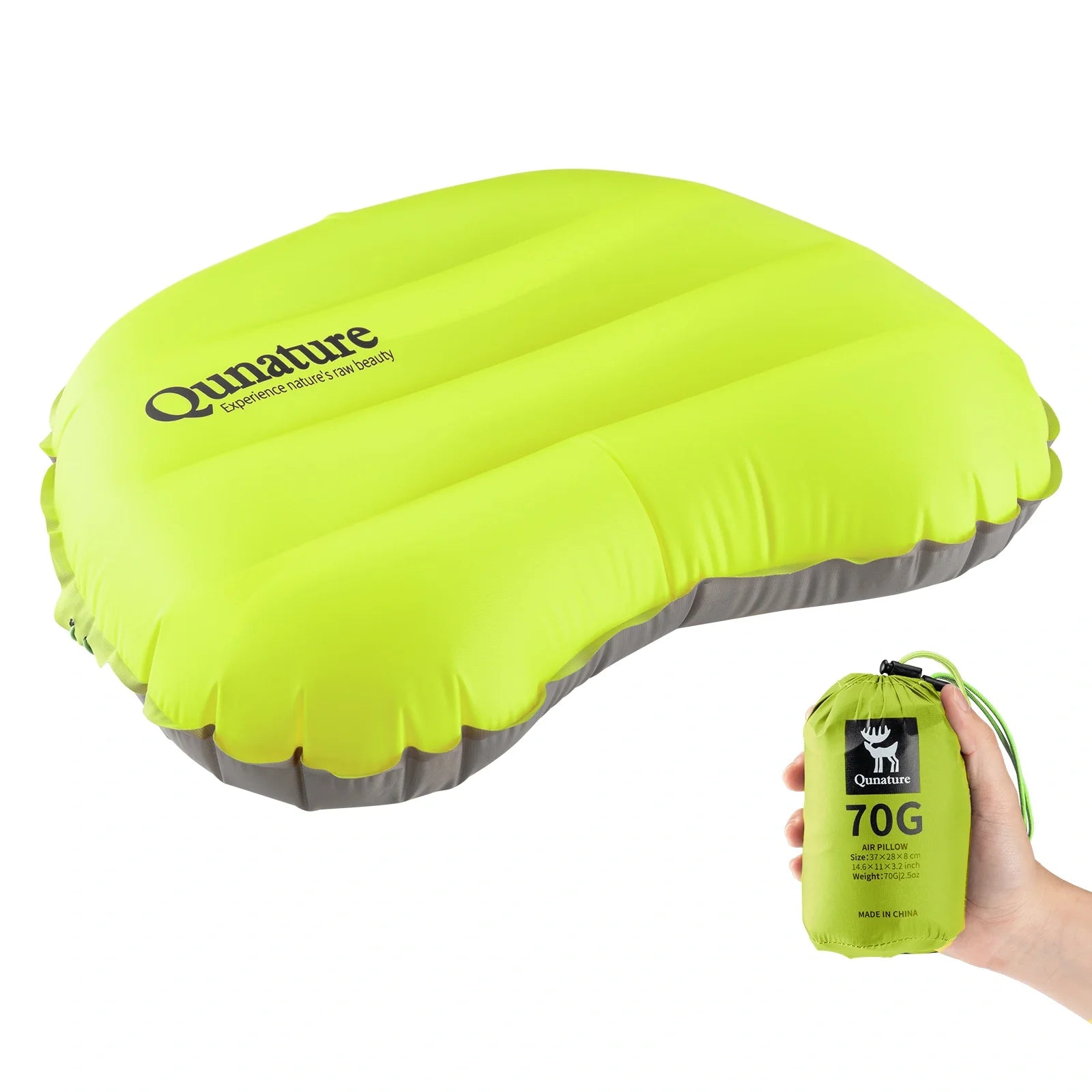 Green inflatable pillow with a carrying bag labeled '70G' on a white  background #color_lime green