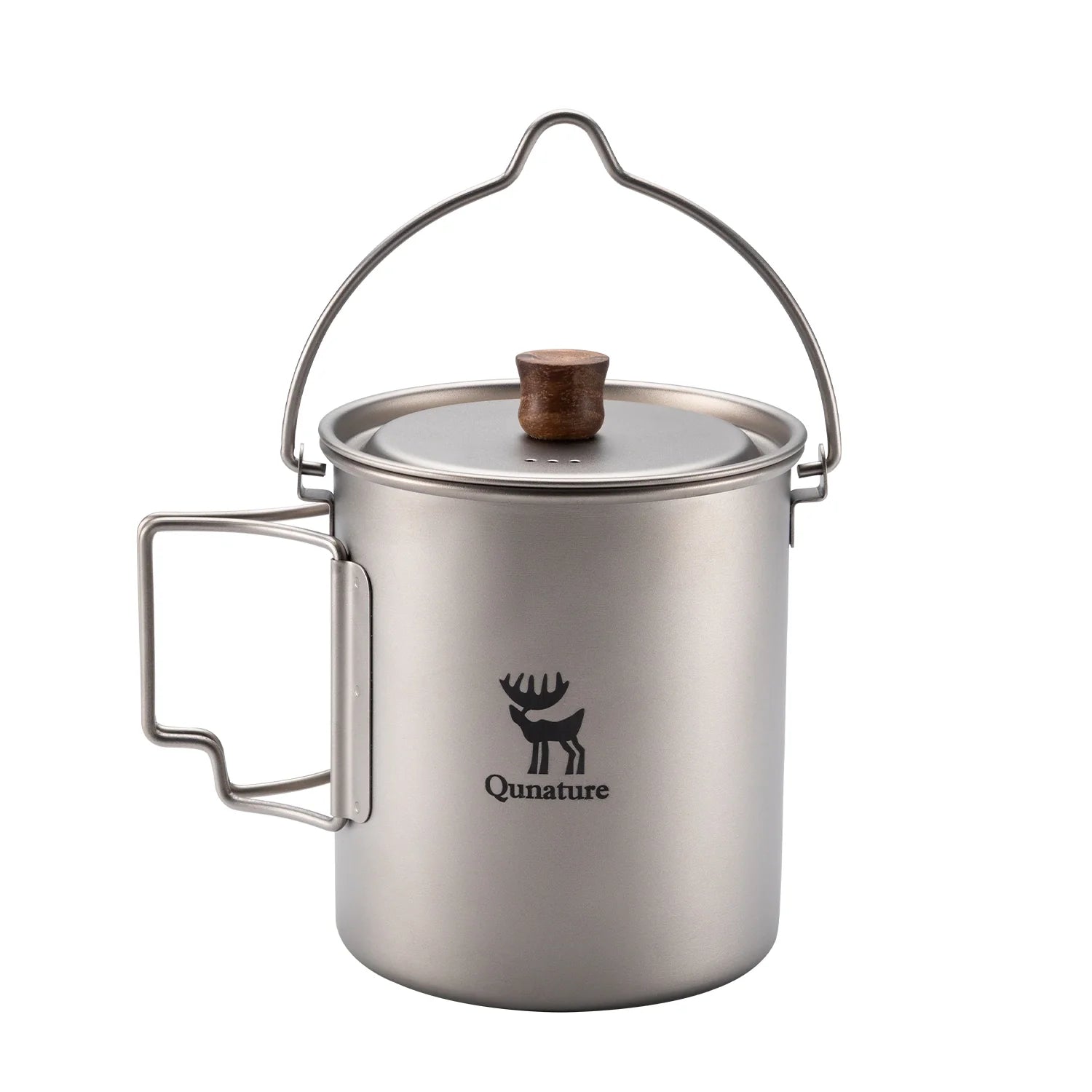 Stainless steel camping mug with wooden lid on a white background, featuring Qunature logo.