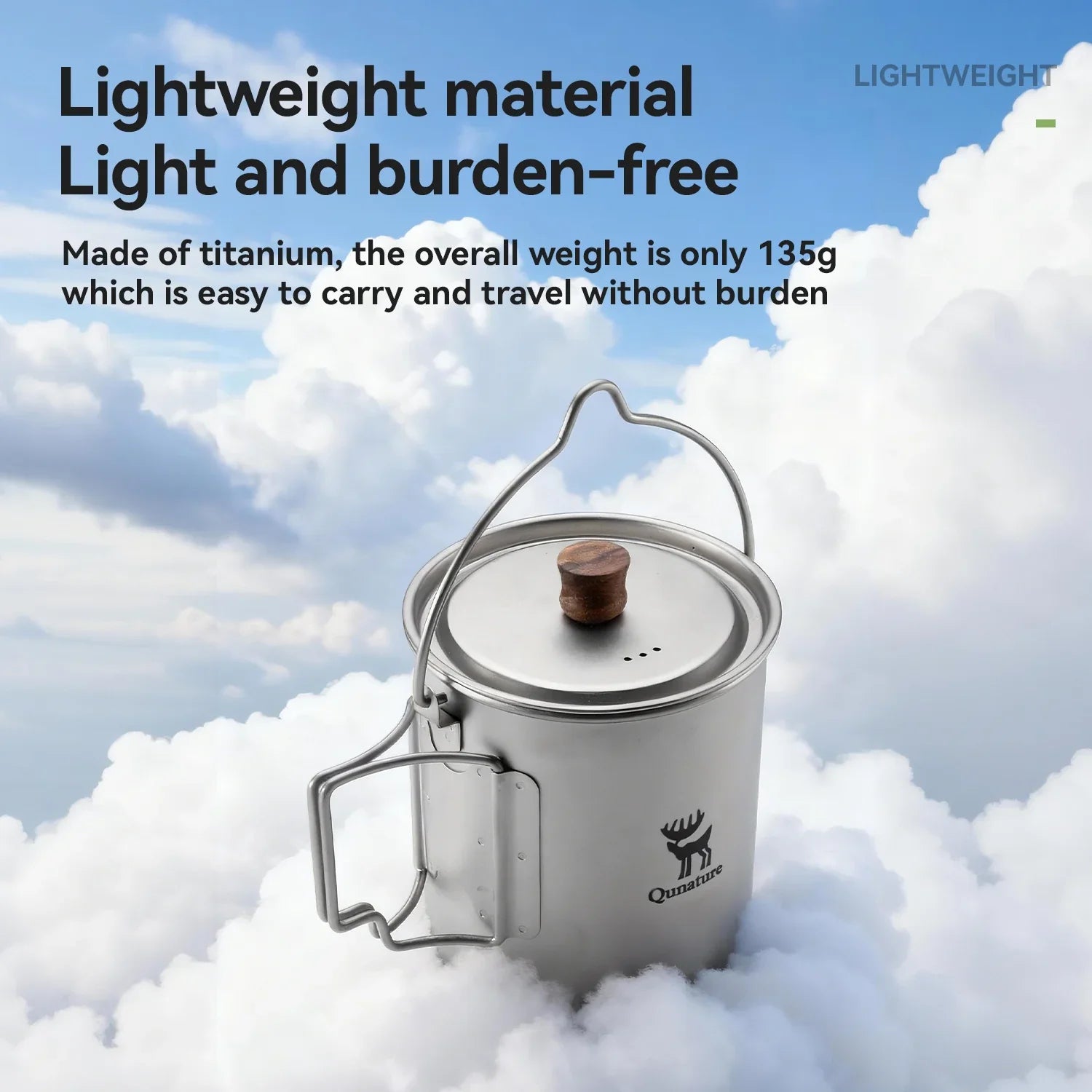 Lightweight titanium mug in clouds with text highlighting its weight and portability