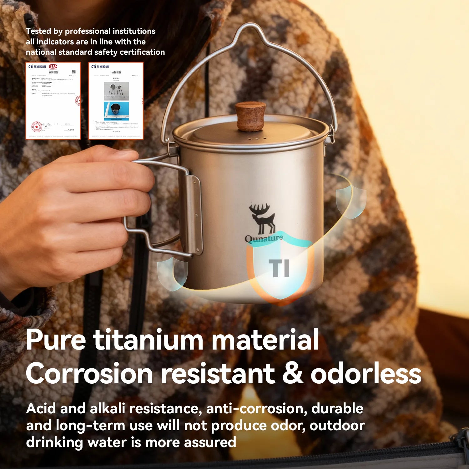 Person holding a titanium mug with safety certification text overlay