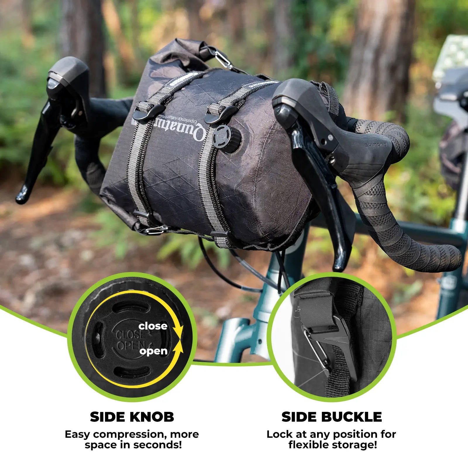 Bicycle handlebar bag with close-up details on a blurred natural background