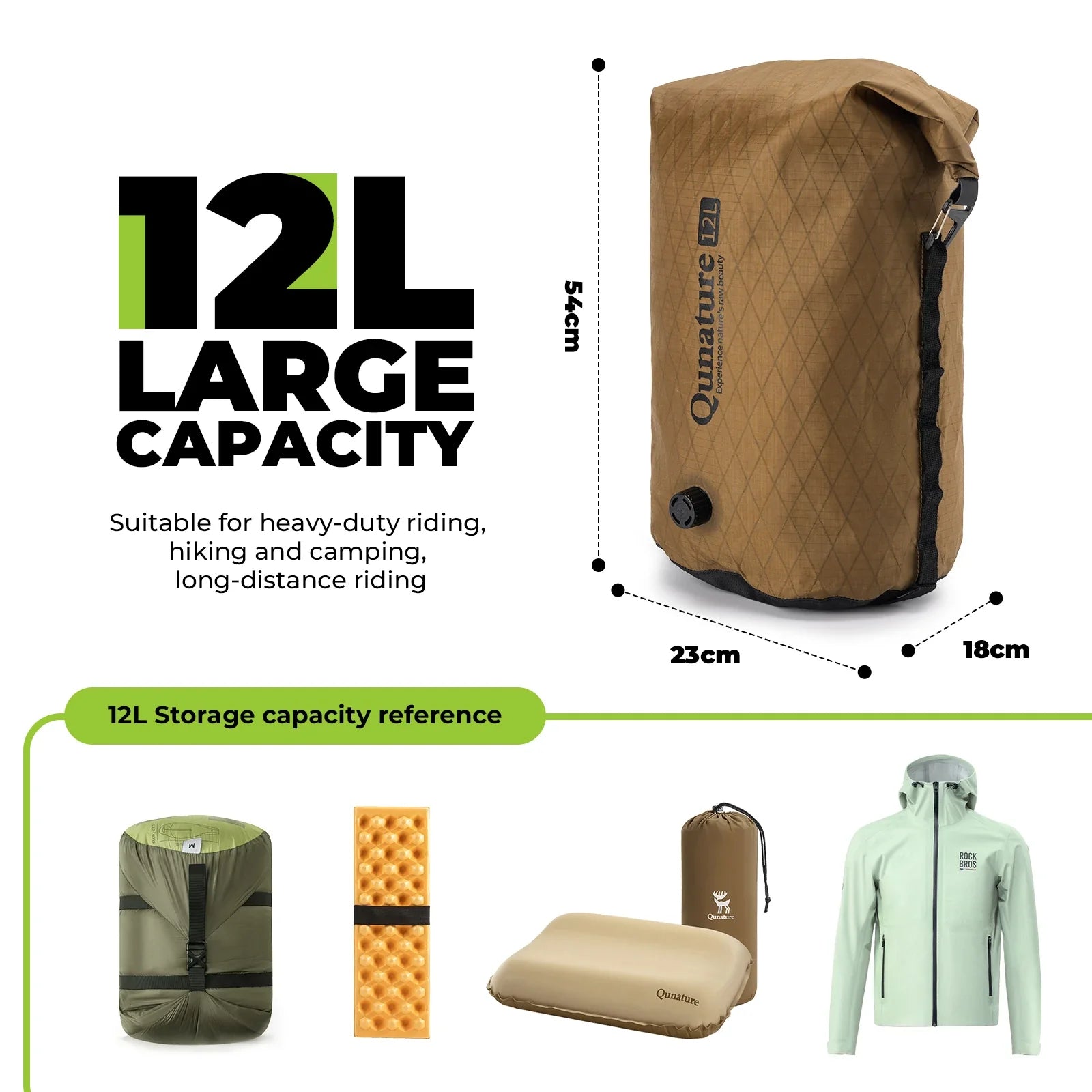 Brown bag with dimensions and capacity details, suitable for outdoor activities.#color_khaki size_12L