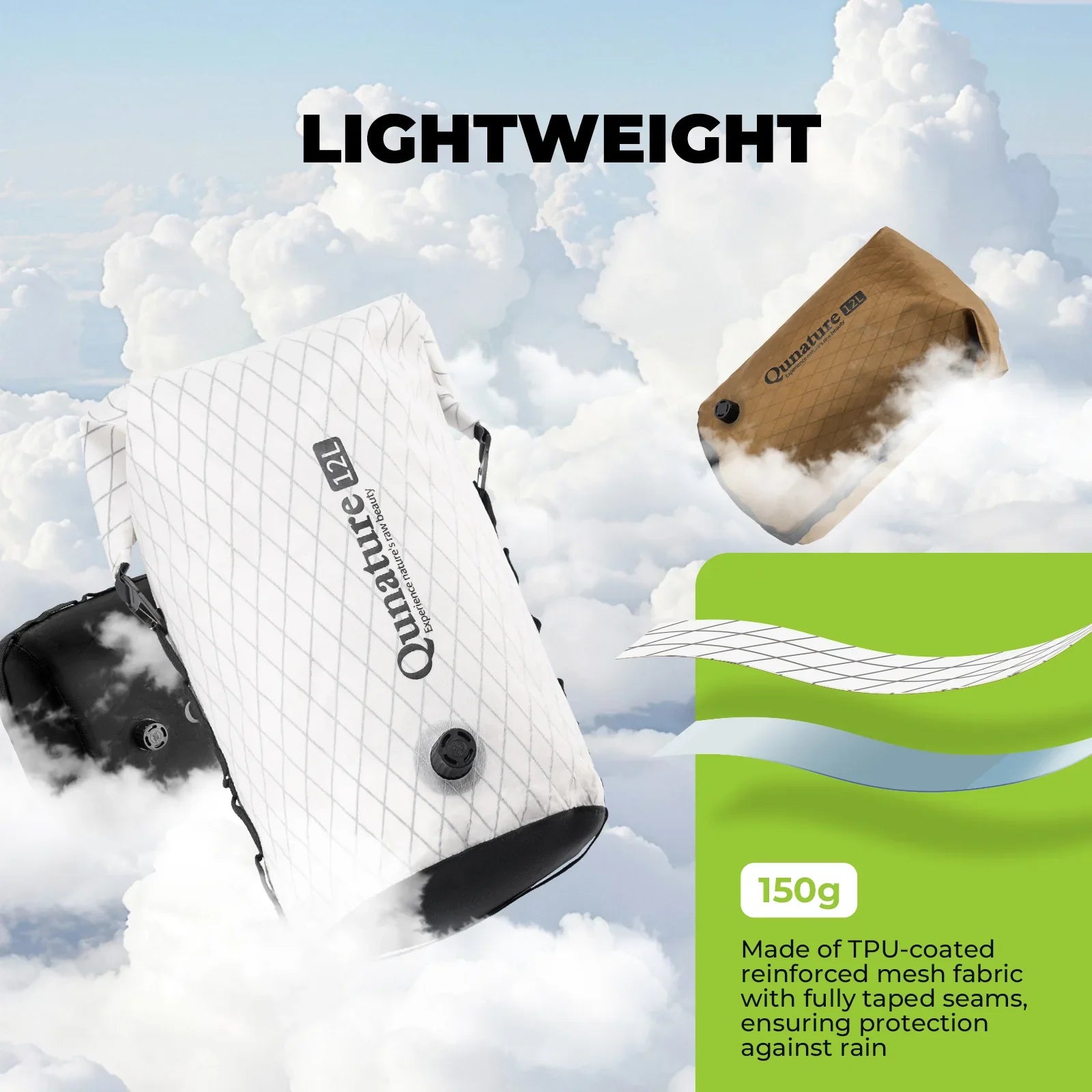Qu nature products with cloud background and text highlighting lightweight and TPU-coated fabric.