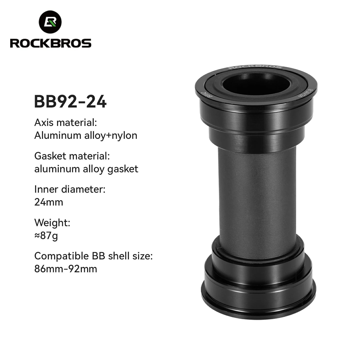 Black bicycle bottom bracket with specifications on a white background, featuring the RockBros brand. #Size_ BB92-24