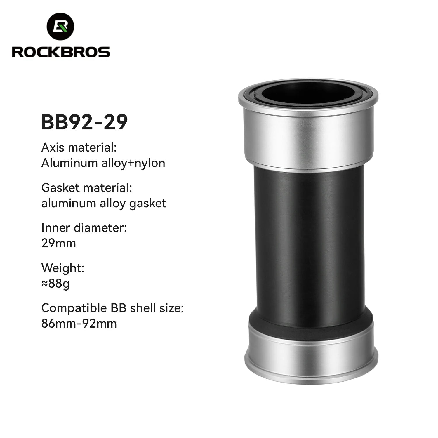 RockBros BB92-29 bicycle bottom bracket with specifications on a white background #Size_ BB92-29