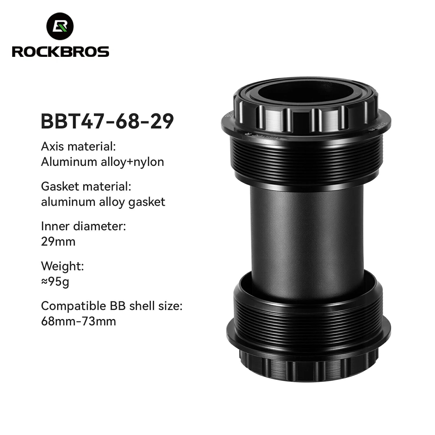 Black bicycle bottom bracket with specifications on a white background, featuring the RockBros brand. #Size_BBT47-68-29