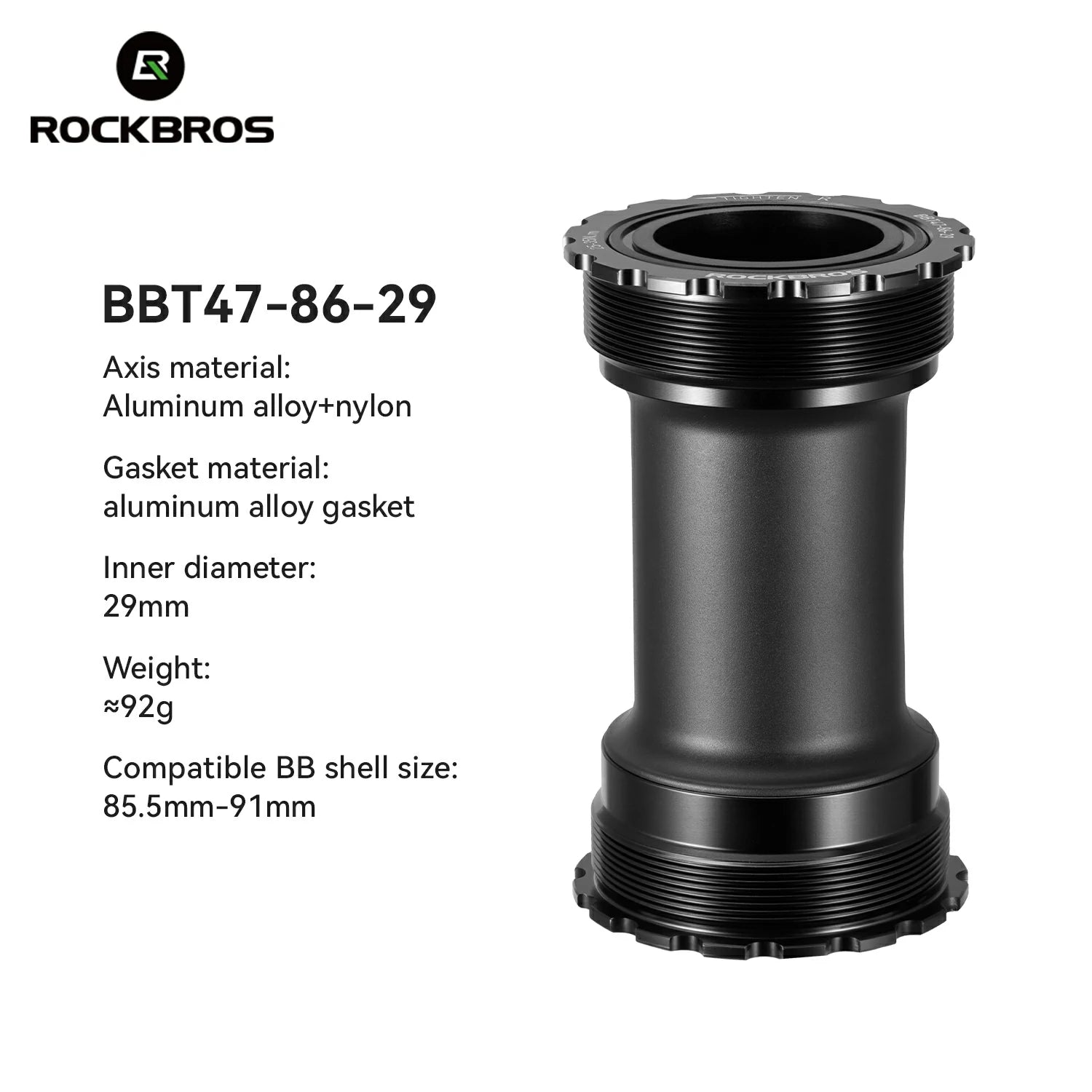 Black bicycle bottom bracket with specifications on a white background, featuring the RockBros brand. #Size_BBT47-86-29