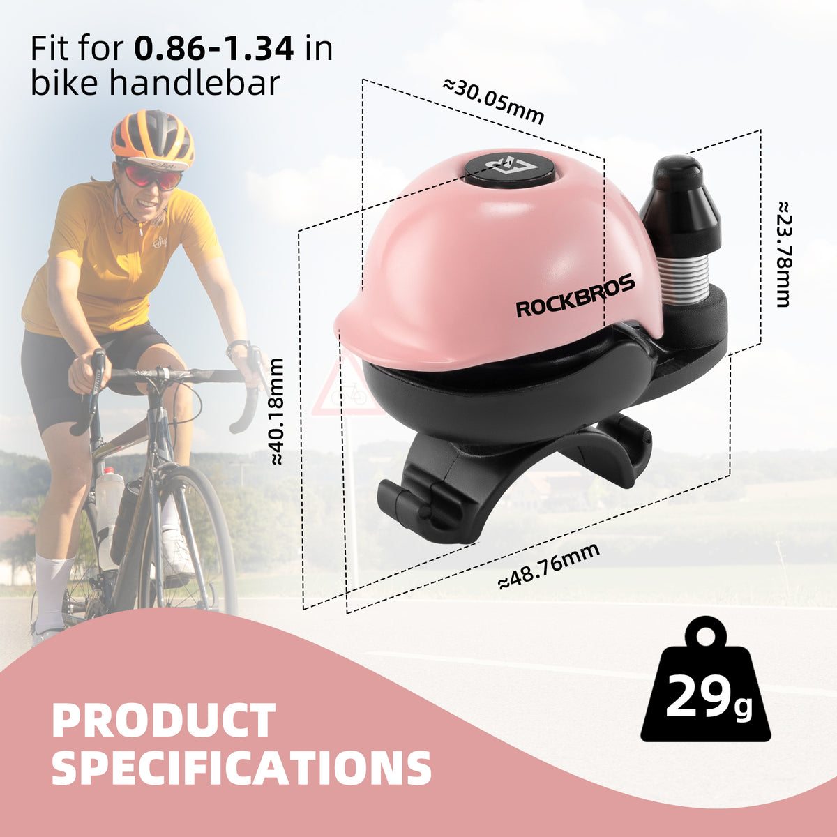 ROCKBROS 80DB Bike Bell Aluminum Alloy Helmet-Shaped Fits 22-34mm Handlebars, Pink