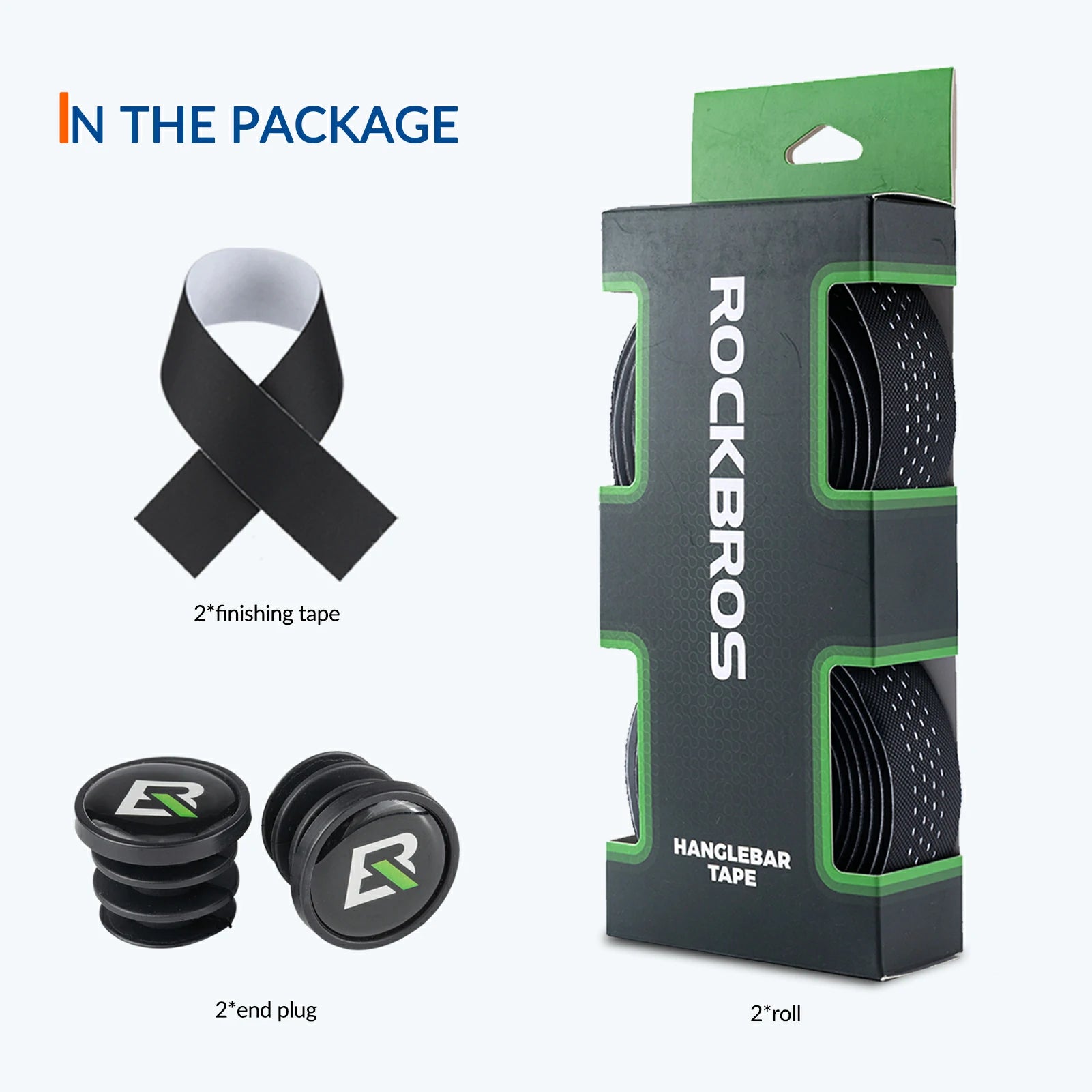 Rockerbros hanglebar tape package shown alongside included components: a black 2-inch finishing tape loop, two black end plugs with the Rockerbros logo, and one roll of black tape in a black-and-green box on a light gray background.