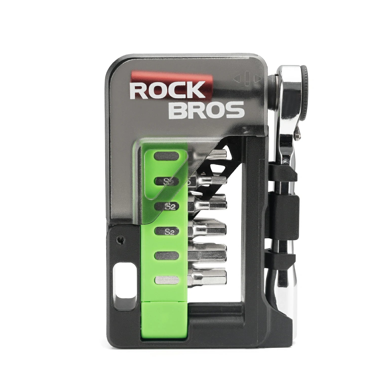Multitool with screwdriver bits in a case branded 'RockBros' 