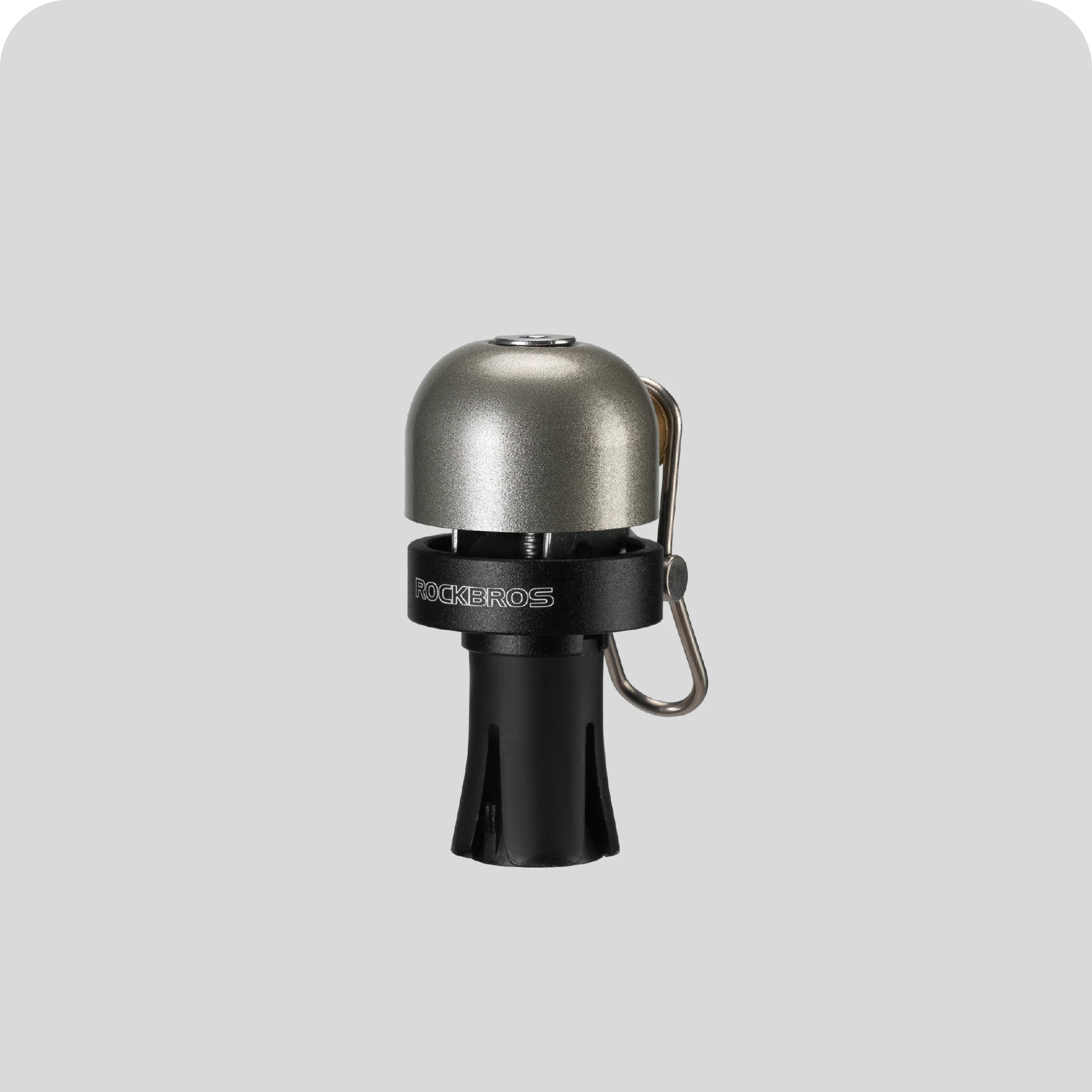 ROCKBROS Metallic bell with black base and carabiner on a light gray background