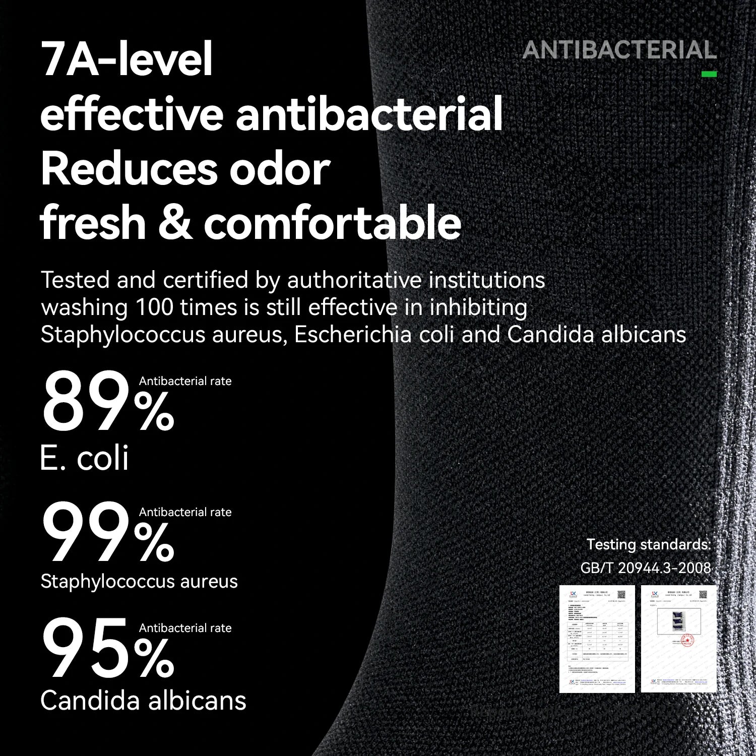 Black sock with antibacterial text and certification on a black background