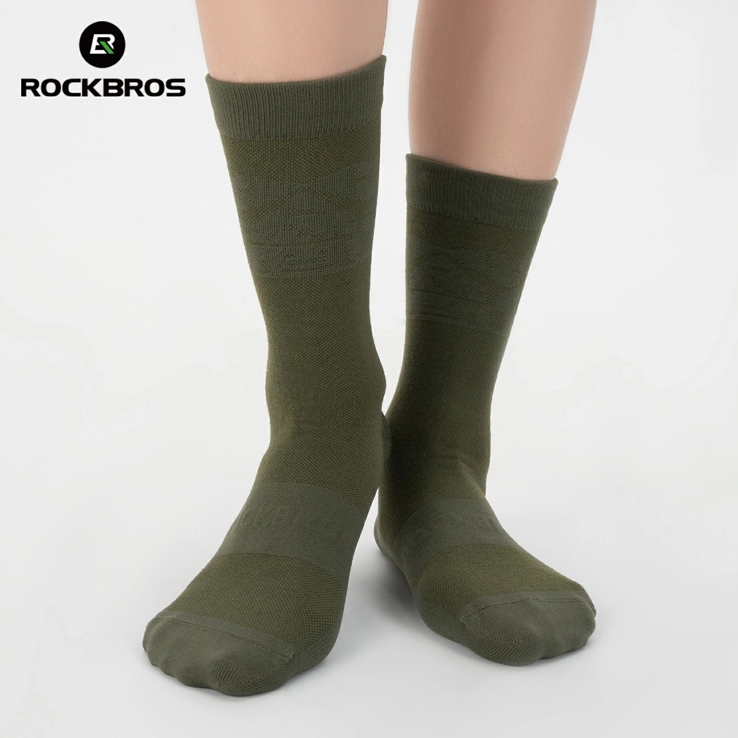 Green socks worn by a person on a white background with RockBros logo. #color_green