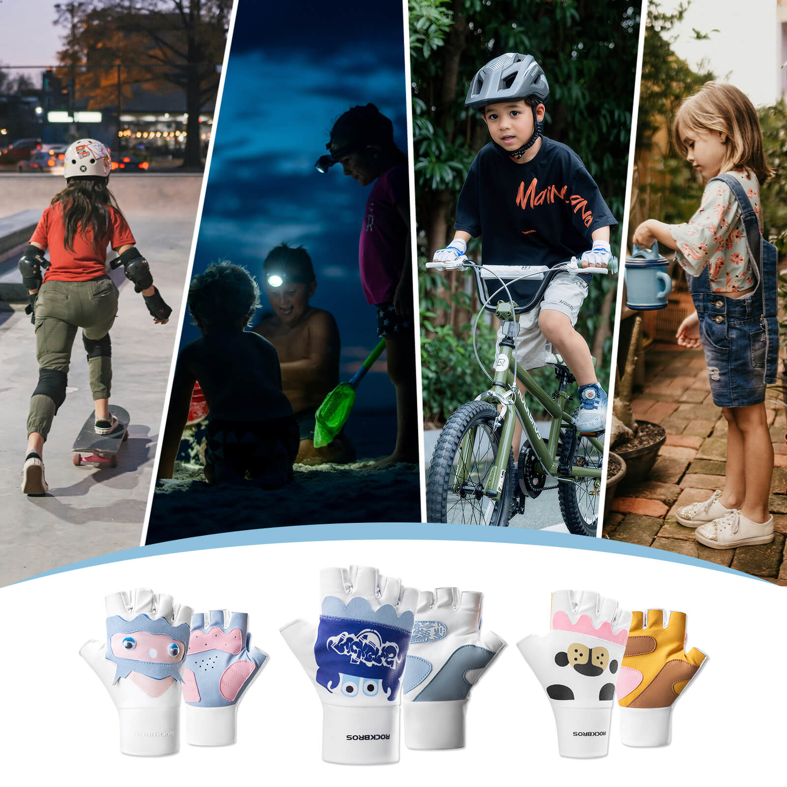 ROCKBROS kids half-finger cycling gloves featuring cute patterns for boys and girls.
#color_white