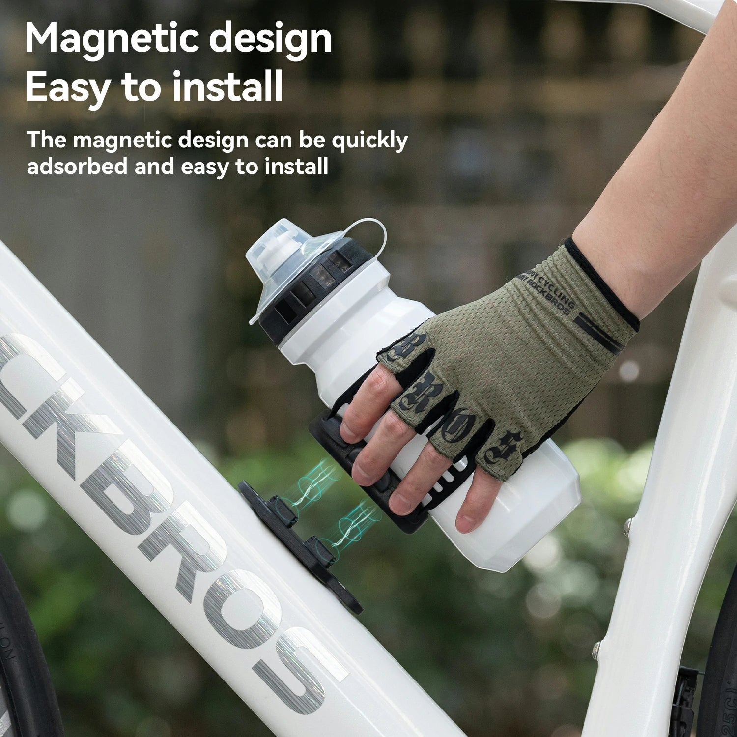 ROCKBROS magnetic strap-type bike water bottle cage, offering secure and quick access with an innovative magnetic attachment system.
