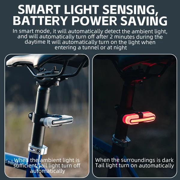 ROCKBROS smart bike tail light with wireless turn signals, brake sensor, remote control, and rechargeable battery
