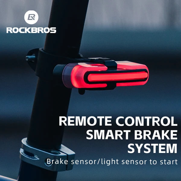 ROCKBROS smart bike tail light with wireless turn signals, brake sensor, remote control, and rechargeable battery
