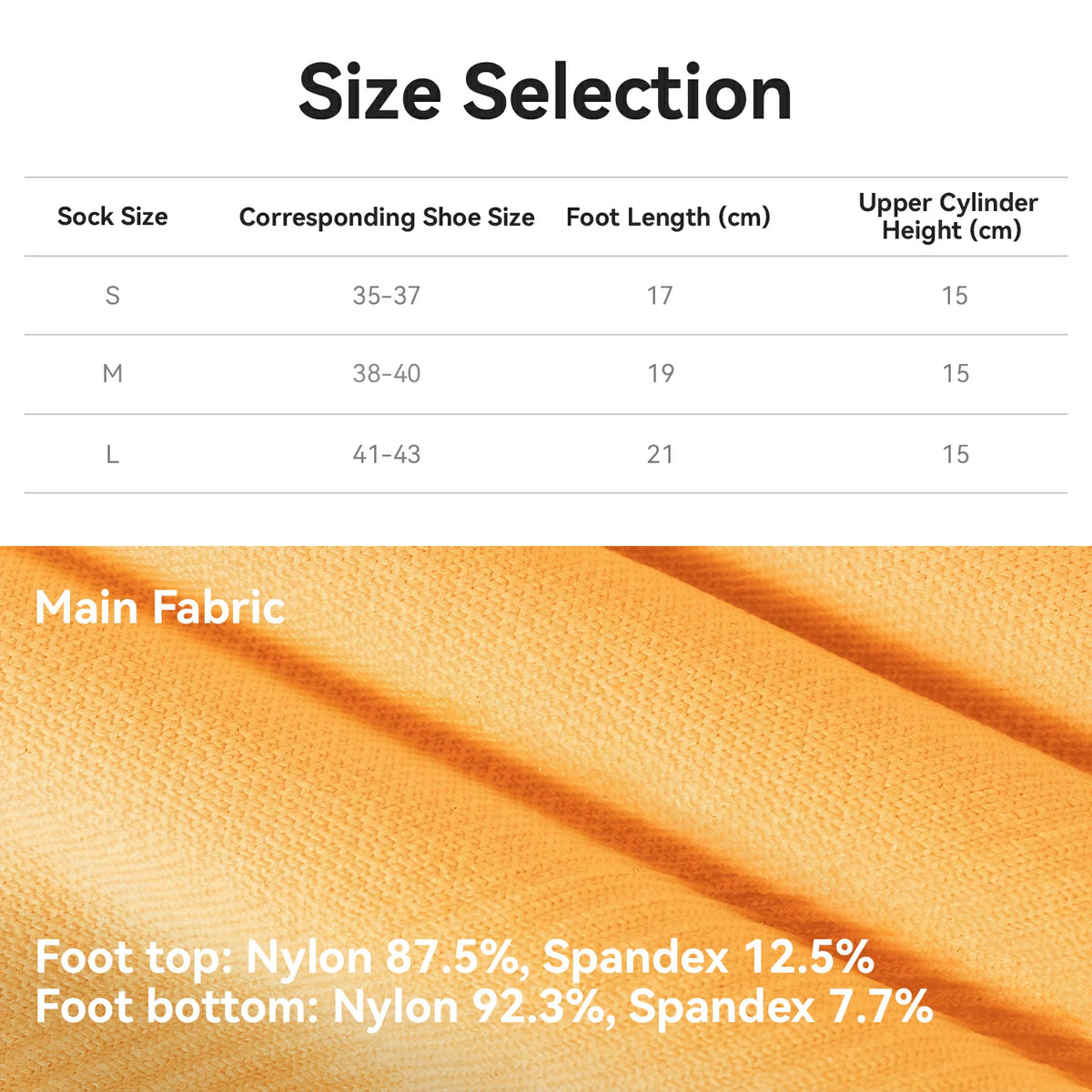 Size selection chart and fabric close-up for a sock. The top section shows a size table with S, M, and L sock sizes, corresponding shoe sizes, foot lengths in centimeters, and upper cylinder heights in centimeters.