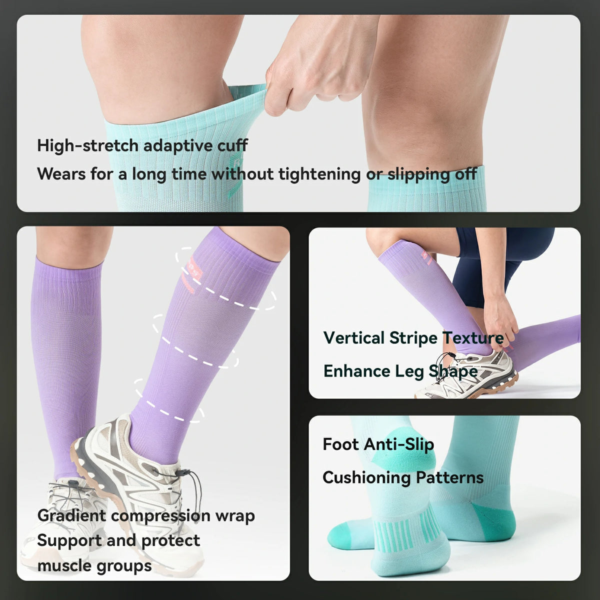 A four-panel product feature collage showing a person wearing a knee-high compression sock. Text highlights features such as a high-stretch adaptive cuff, vertical stripe texture, foot anti-slip cushioning, and gradient compression wrap.
