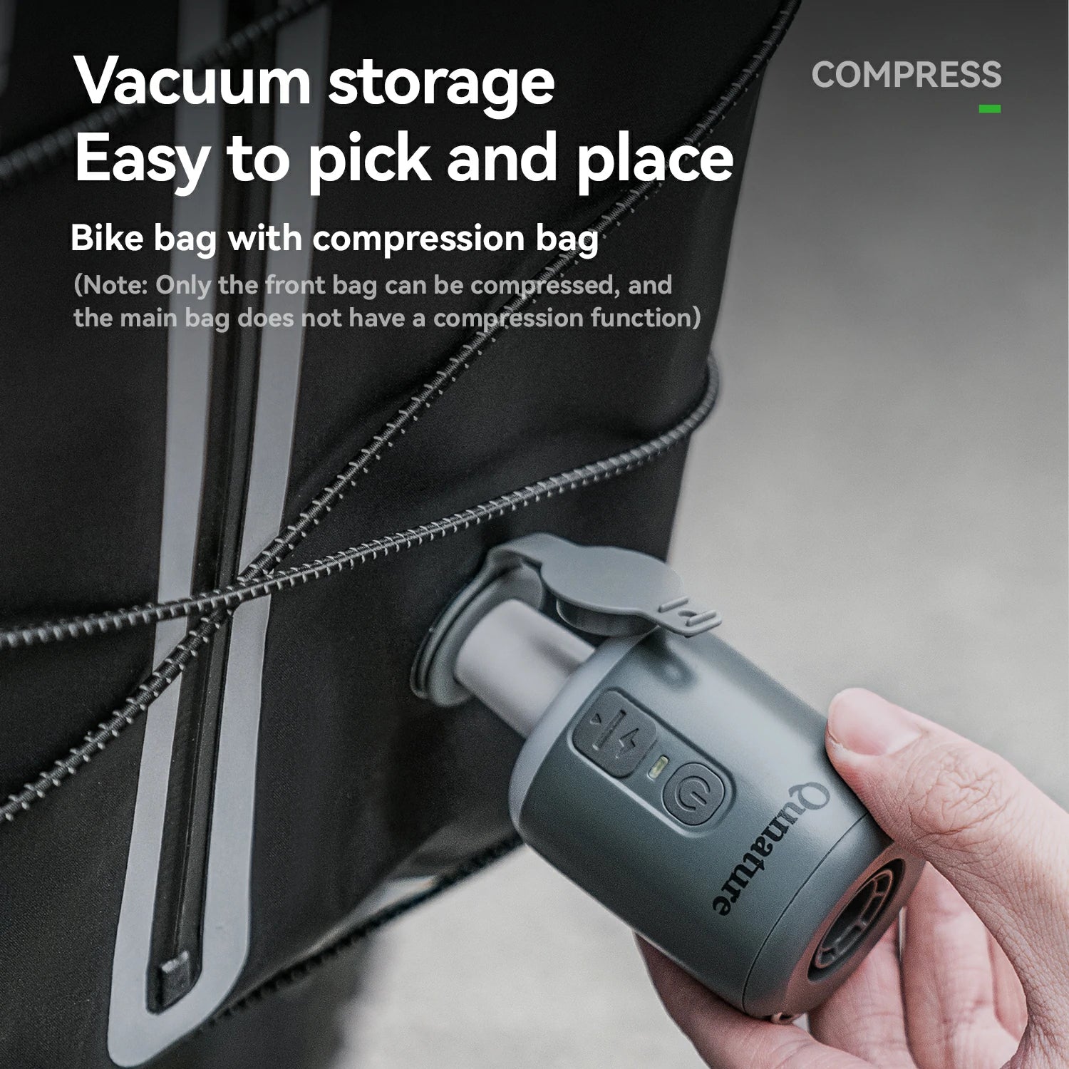 Hand holding a vacuum compression device next to a bike bag with text about vacuum storage.