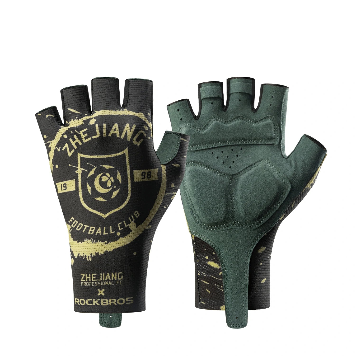Two gloves with Zhejiang Football Club branding on a white background