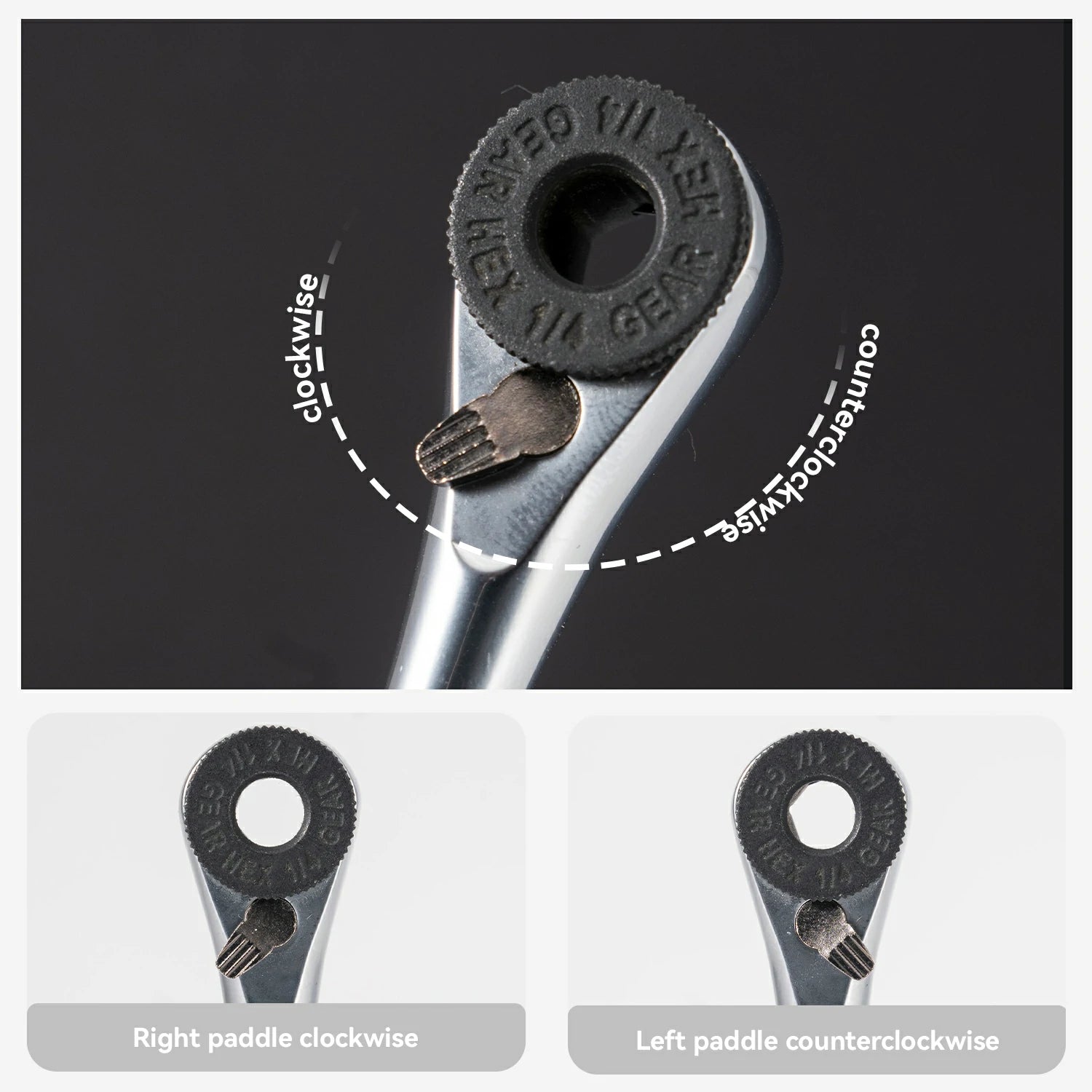 Close-up of a tool with paddle directions labeled clockwise and counterclockwise on a black background.