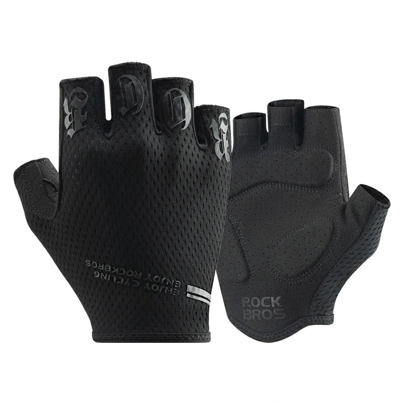 Black cycling gloves with brand logo on a white background #color_black