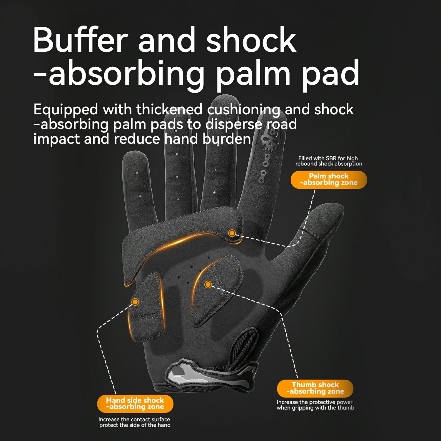 Black cycling glove with orange accents and text callouts explaining its shock-absorbing palm pad technology on a dark background.