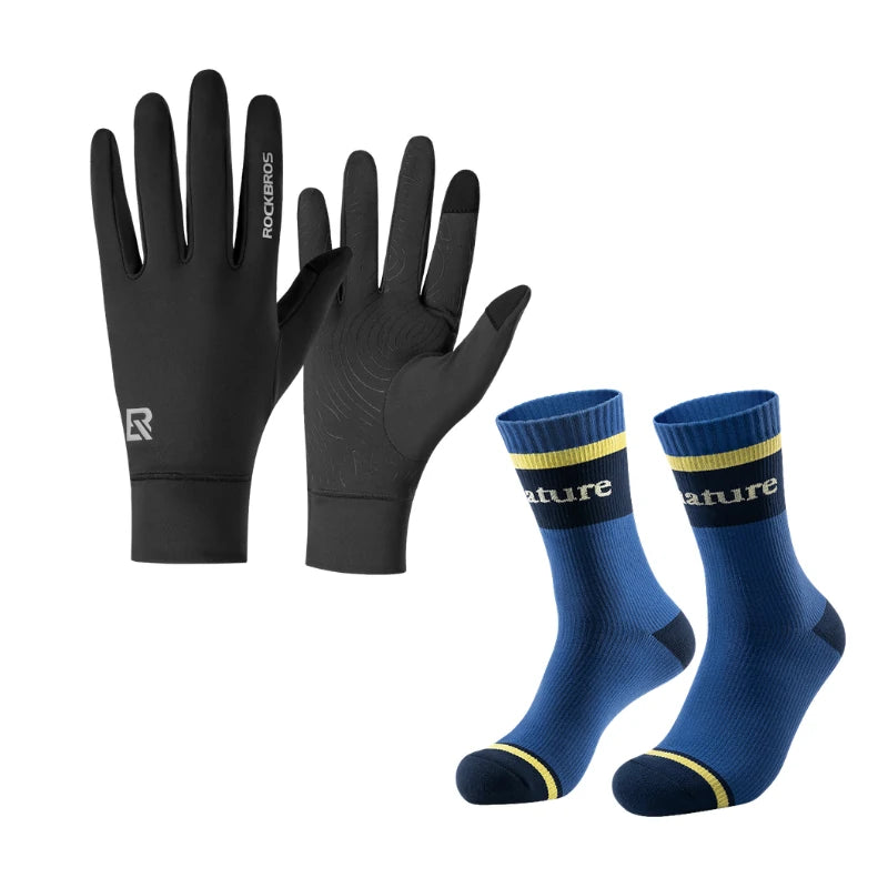 A pair of black winter gloves and a pair of blue cycling socks with yellow stripes, displayed on a clean white background. The gloves feature the 'R' logo and 'ROCKBROS' text, while the socks display 'ature' branding. #Color_royal-blue