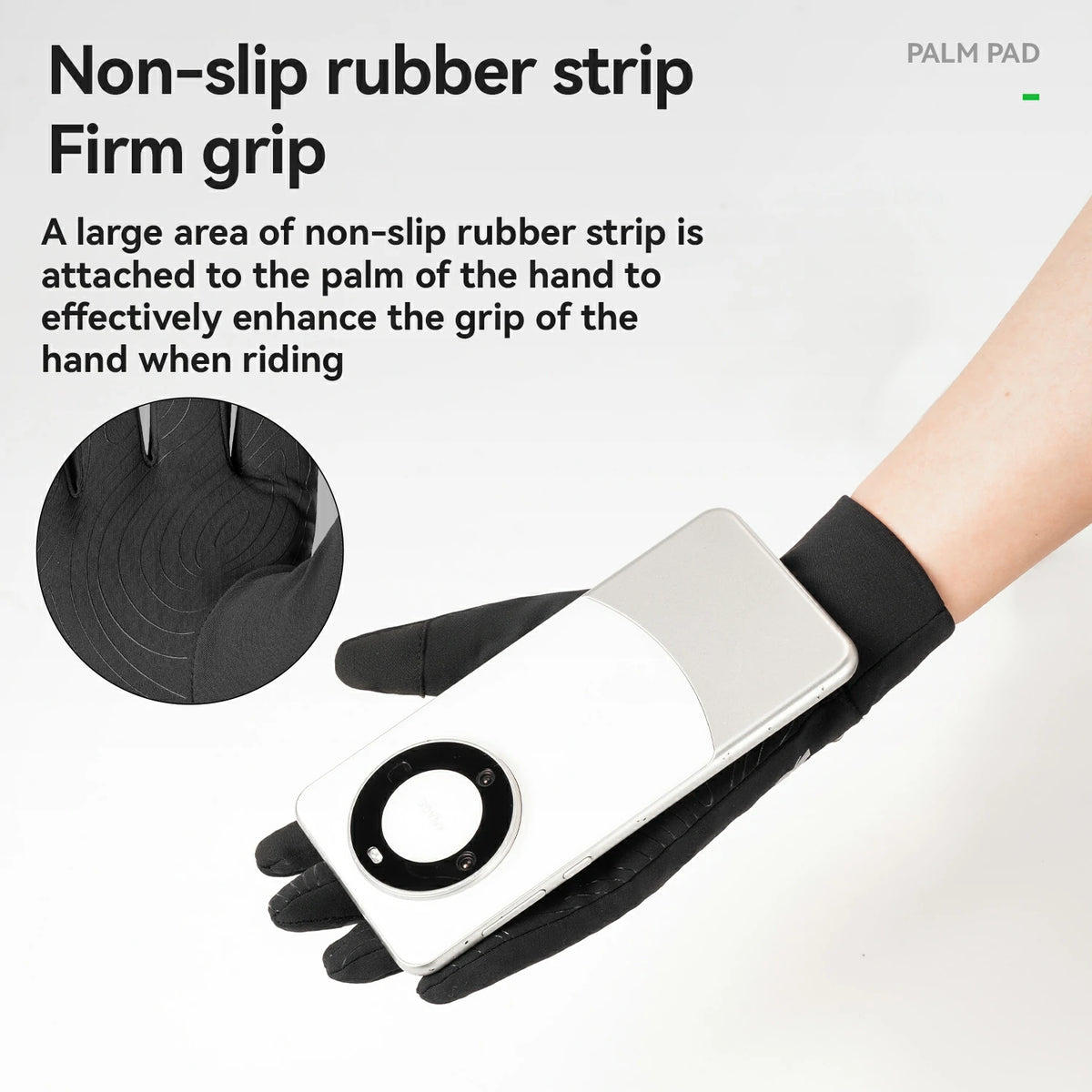 Glove with non-slip rubber strip on palm, text explaining feature