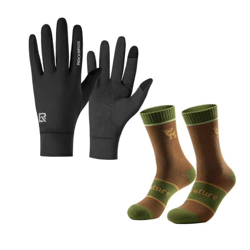 A pair of black insulated gloves and a pair of brown and olive green socks, both branded with the 'R' logo and 'future' text, displayed on a clean white background. #Color_khaki
