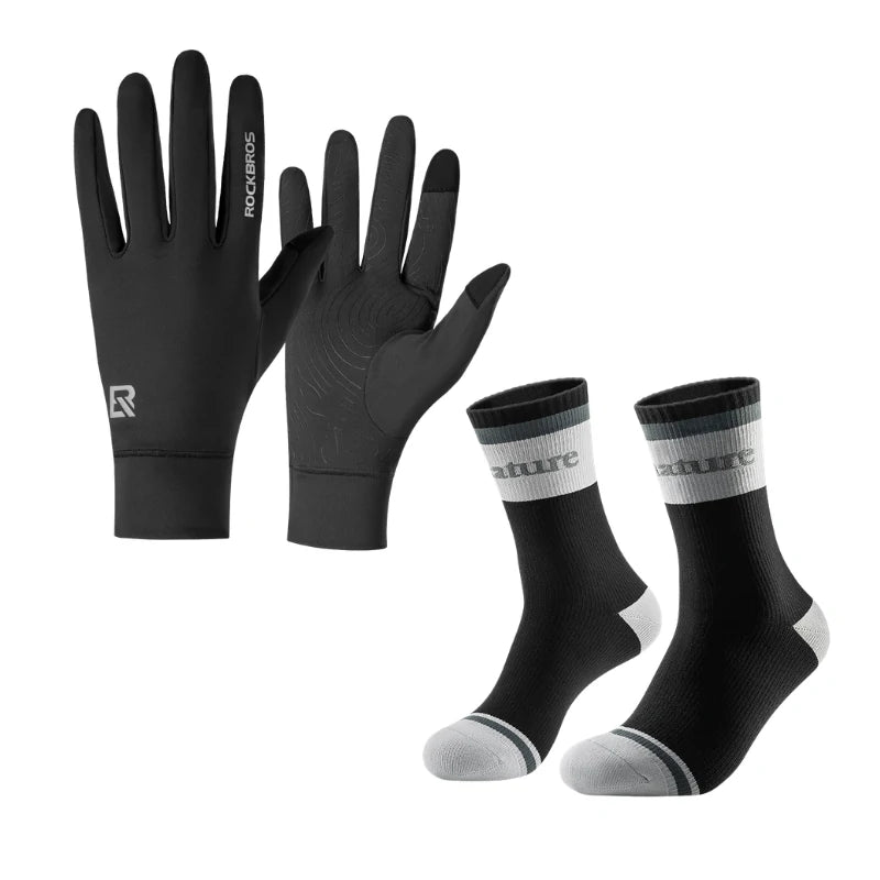 A pair of black performance gloves and a pair of black crew socks with white accents, displayed on a clean white background. The brand name 'ROCKBROS' is visible on the gloves and socks. #Color_black