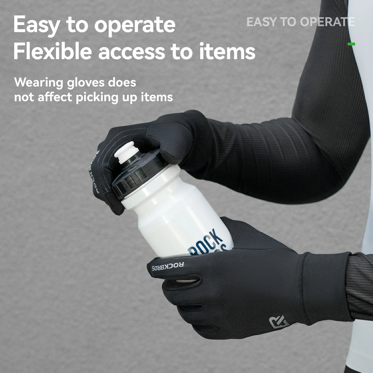 Person wearing black gloves holding a white bottle with text about glove ease of use.