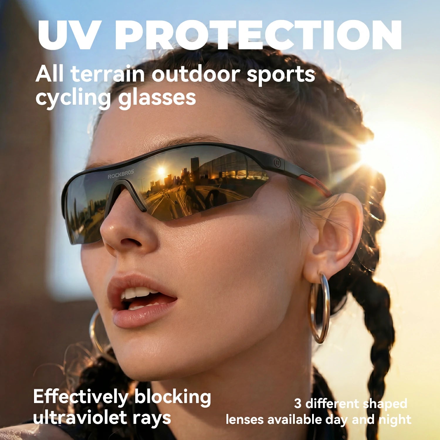 Woman wearing cycling glasses with text about UV protection and product features.