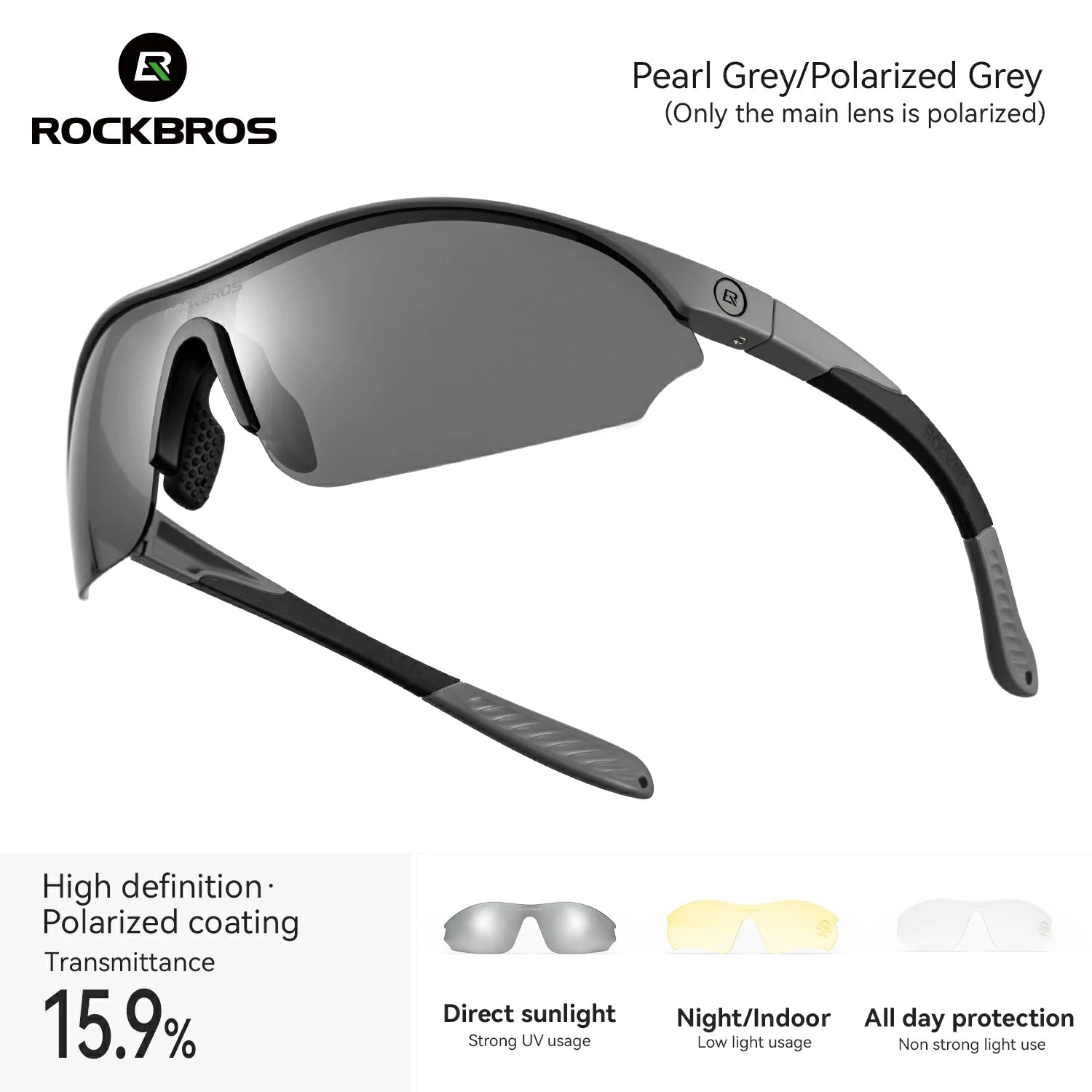 Rockbros sunglasses with pearl gray frame and polarized gray lens on a white background  #Color_Green