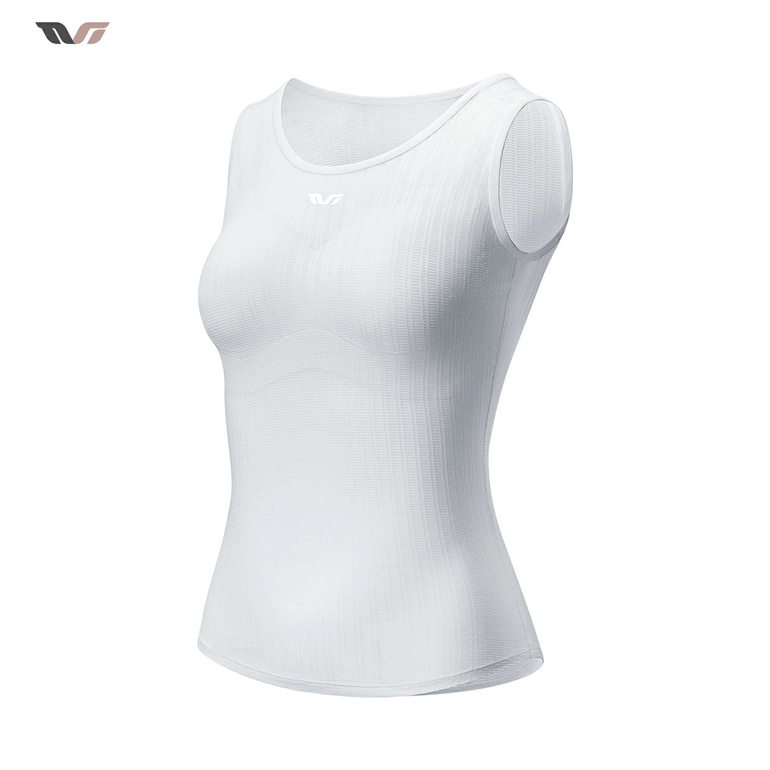 A white sleeveless athletic tank top with a scoop neckline and ribbed texture, shown on a plain white background with a small logo in the top-left corner. #Color_White