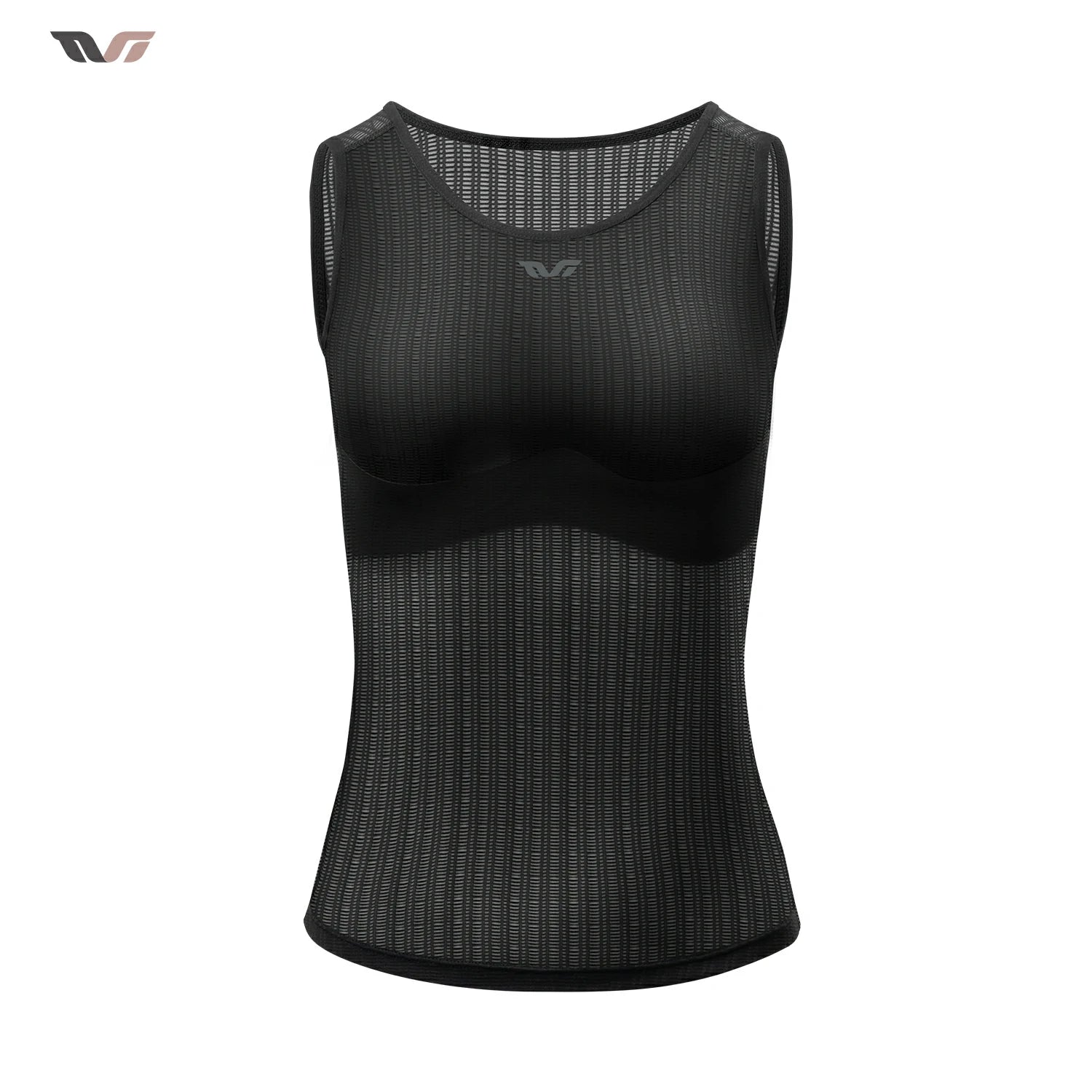 A black sleeveless athletic tank top with a sheer, textured mesh pattern and a scoop neckline, shown on a plain white background. #Color_Black