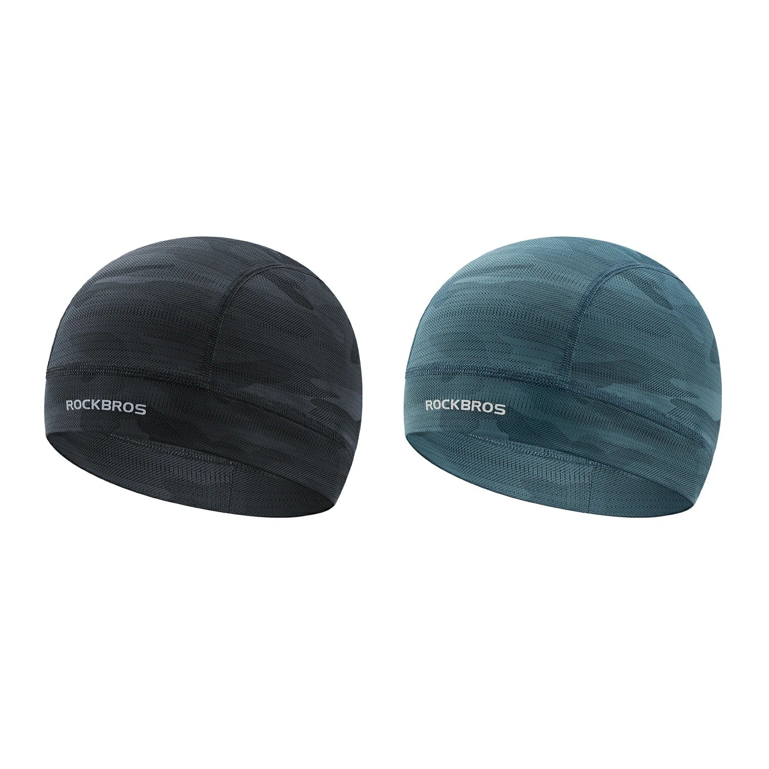 Two caps, one black and one teal, with 'RockBros' branding on a white background. #Color_Black Color2_Blue2