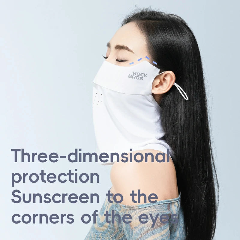 Person wearing a white face mask with text about three-dimensional protection and sunscreen.