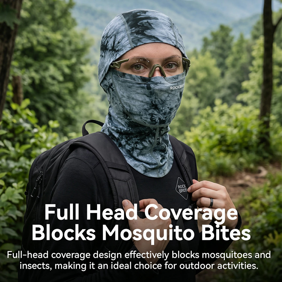 A person outdoors in a forest wearing a full-head coverage balaclava mask with a blue-gray mottled pattern. The image includes text overlays explaining that the full-head coverage design blocks mosquito and insect bites.