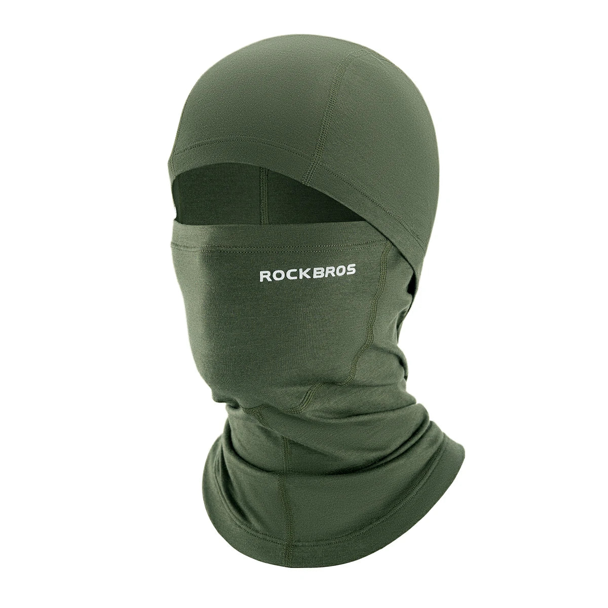 An olive green Rockbros balaclava face mask with a white brand logo, shown on a plain white background. #Color_Green