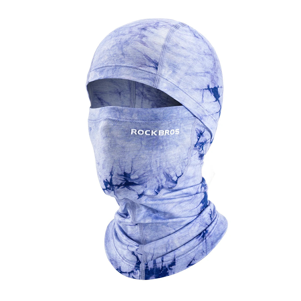 A blue and white tie-dye balaclava face mask with the brand name 'ROCKBROS' printed in white on the forehead, shown on a plain white background. #Color_Purple