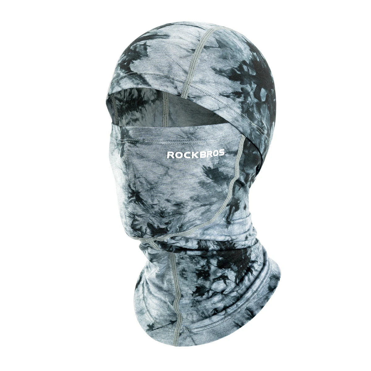 A Rockbros full-face balaclava mask featuring a gray and black tie-dye pattern, shown on a plain white background. #Color_Gray